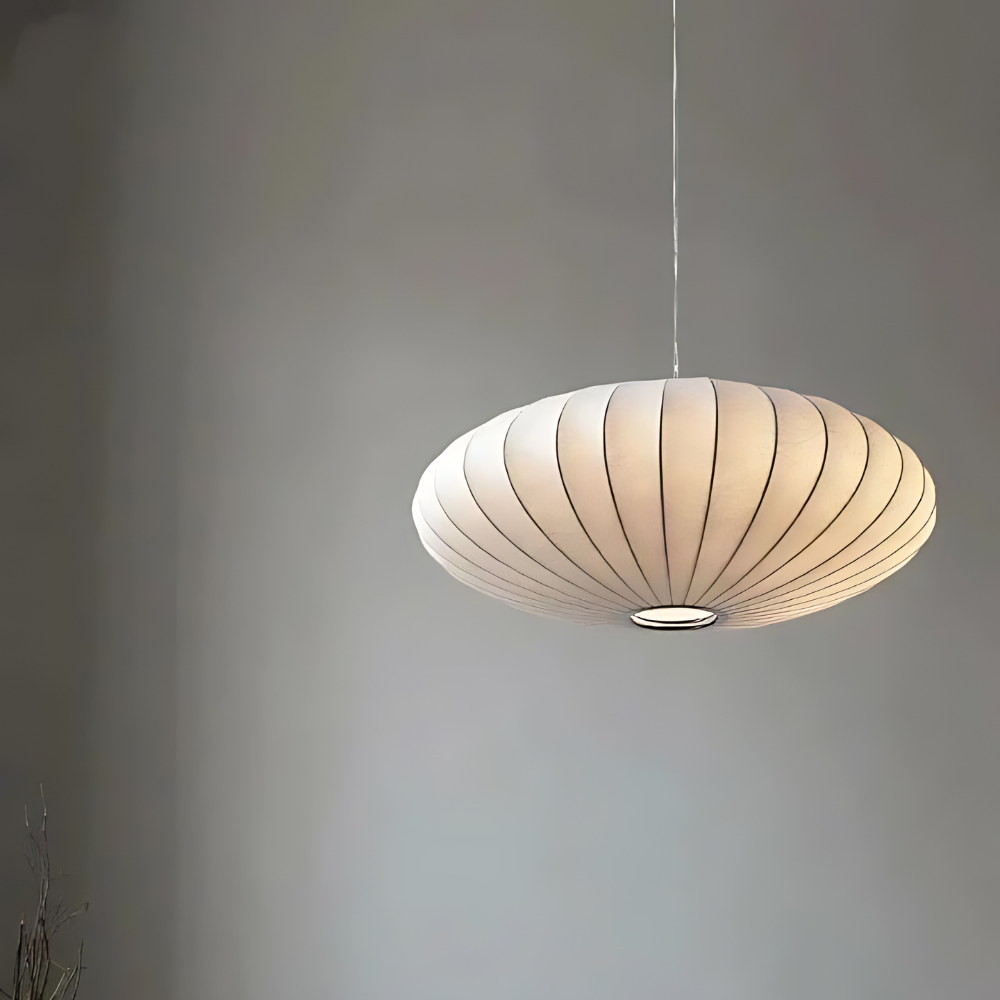 Lustre Moderne en Soie Japandi – Luminaire Suspendu Élégant pour Chambre et Salle à Manger, 30 cm, Blanc et Doré 1