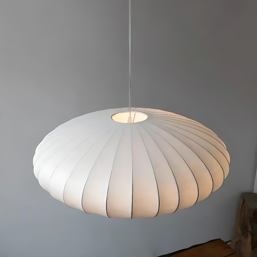Lustre Moderne en Soie Japandi – Luminaire Suspendu Élégant pour Chambre et Salle à Manger, 30 cm, Blanc et Doré 2