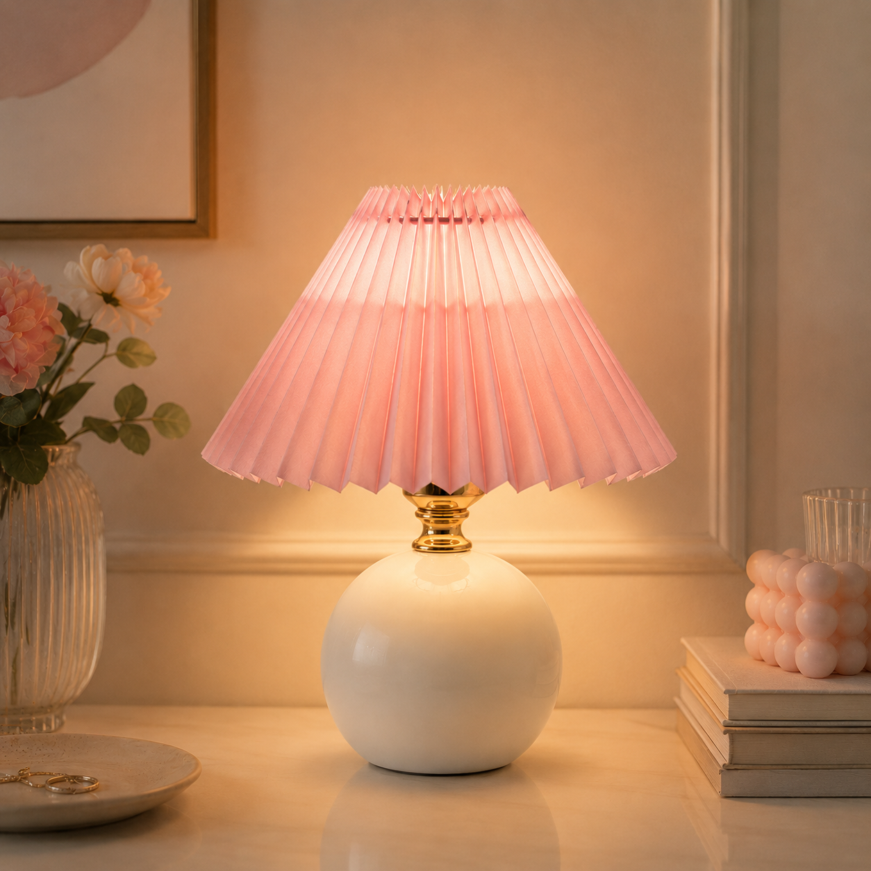 Orsélia | Lampe de Table Vintage – Abat-jour Plissé et Ambiance Élégante Blanc Rose