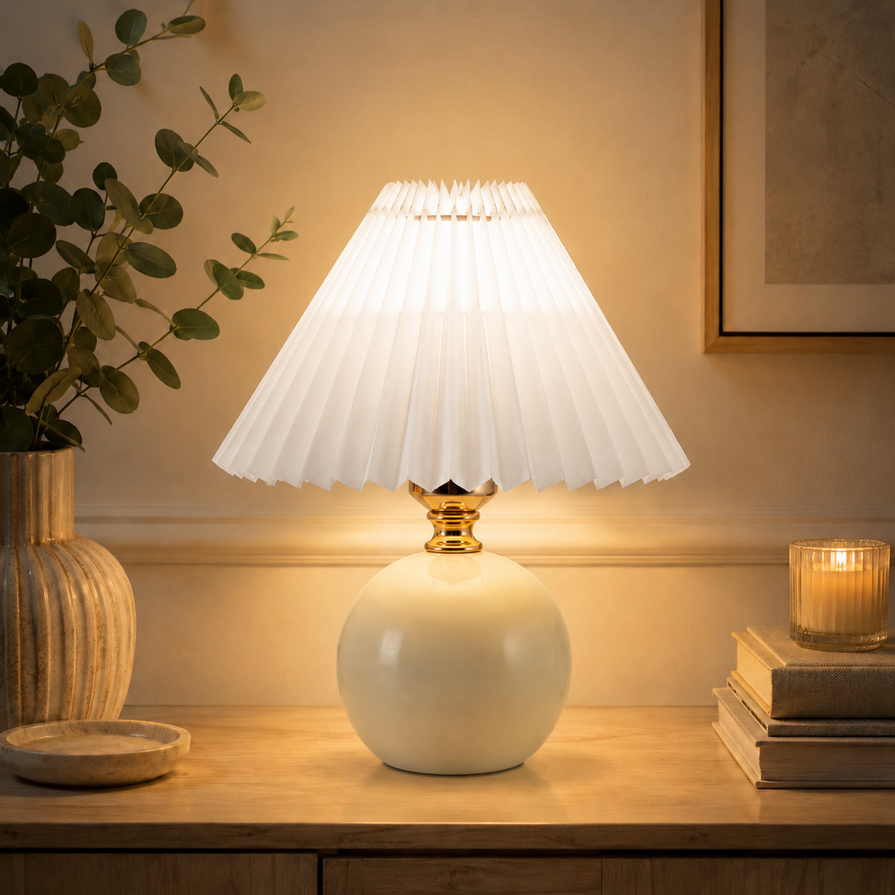 Orsélia | Lampe de Table Vintage – Abat-jour Plissé et Ambiance Élégante Beige Blanc