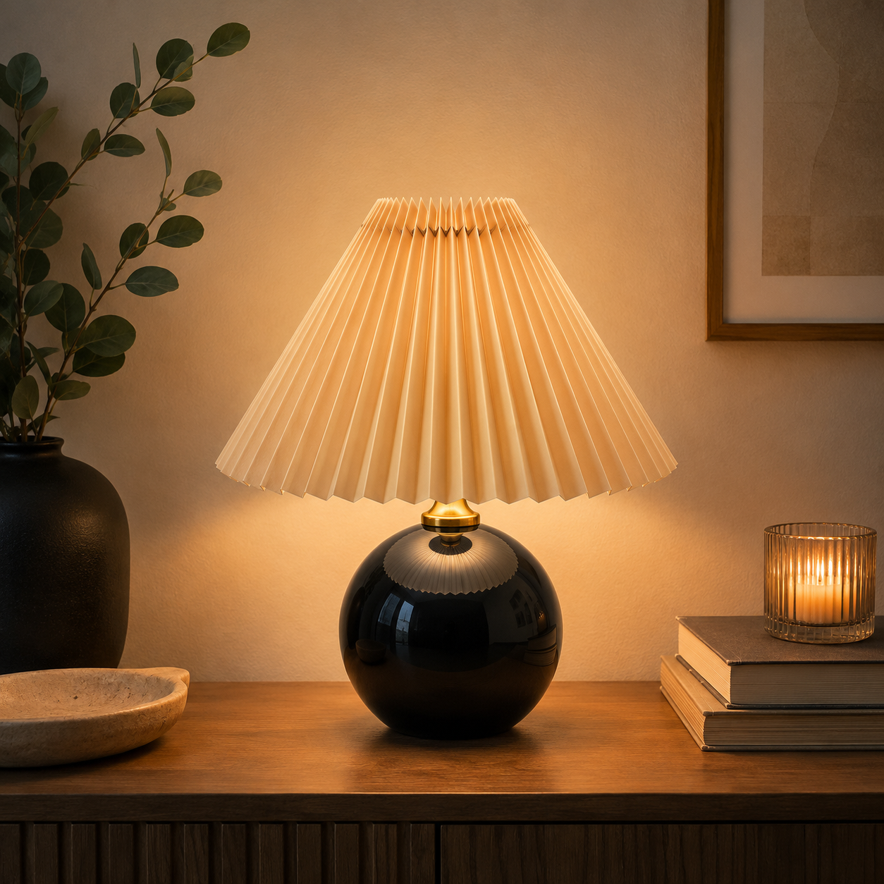 Orsélia | Lampe de Table Vintage – Abat-jour Plissé et Ambiance Élégante Noir Beige