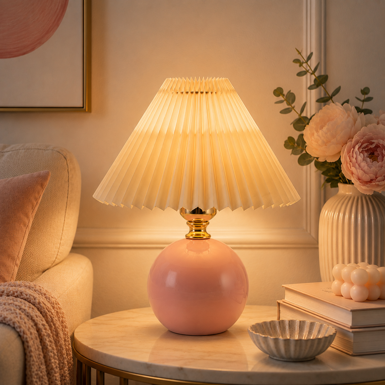 Orsélia | Lampe de Table Vintage – Abat-jour Plissé et Ambiance Élégante Rose Beige