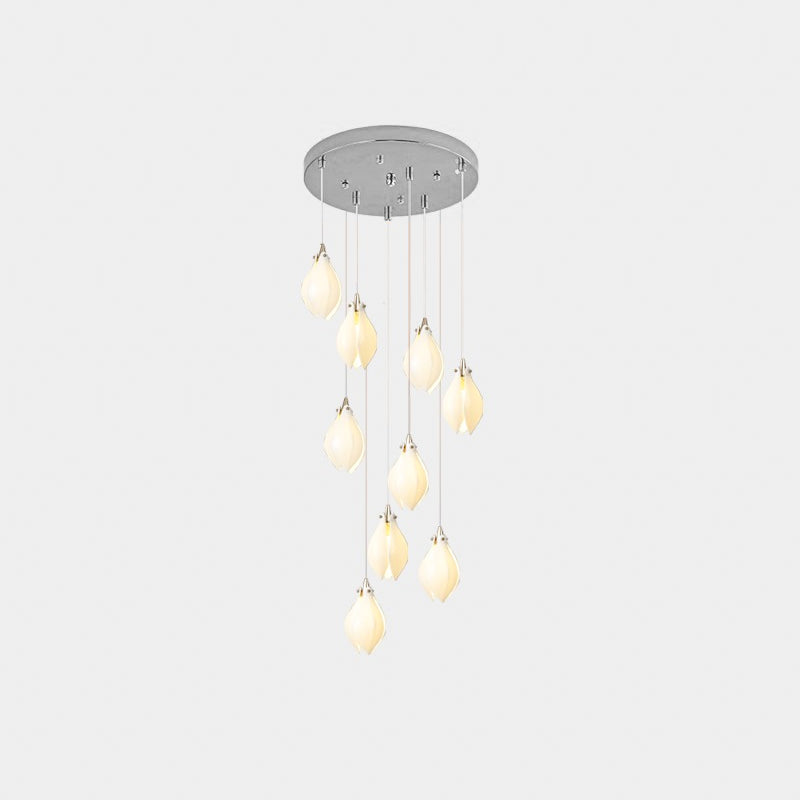 Orévia | Suspension Florale – Lumière Douce et Charme Naturel 9 heads Round Canopy ∅ 15.7″ Chrome & White
