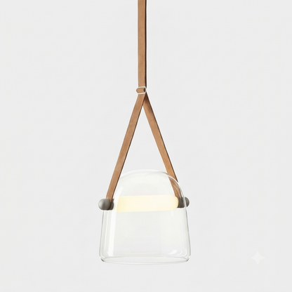 Noctéa | Lampe Suspendue – Verre soufflé LED design contemporain Cuir clair et brun