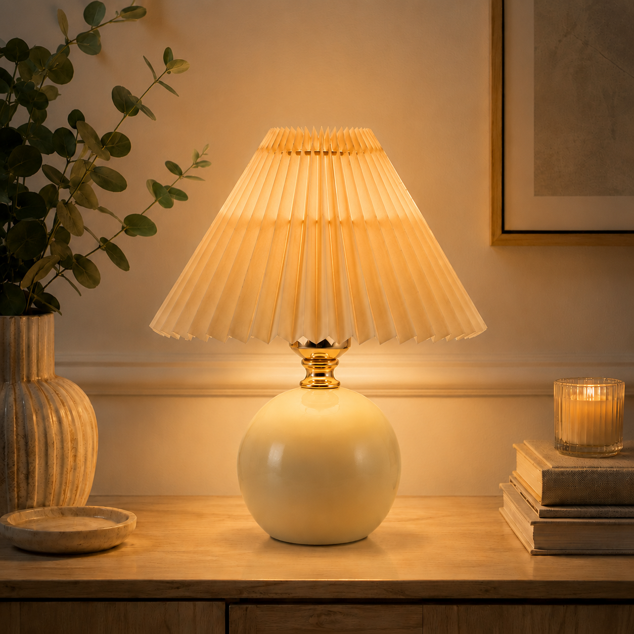 Orsélia | Lampe de Table Vintage – Abat-jour Plissé et Ambiance Élégante Beige Beige