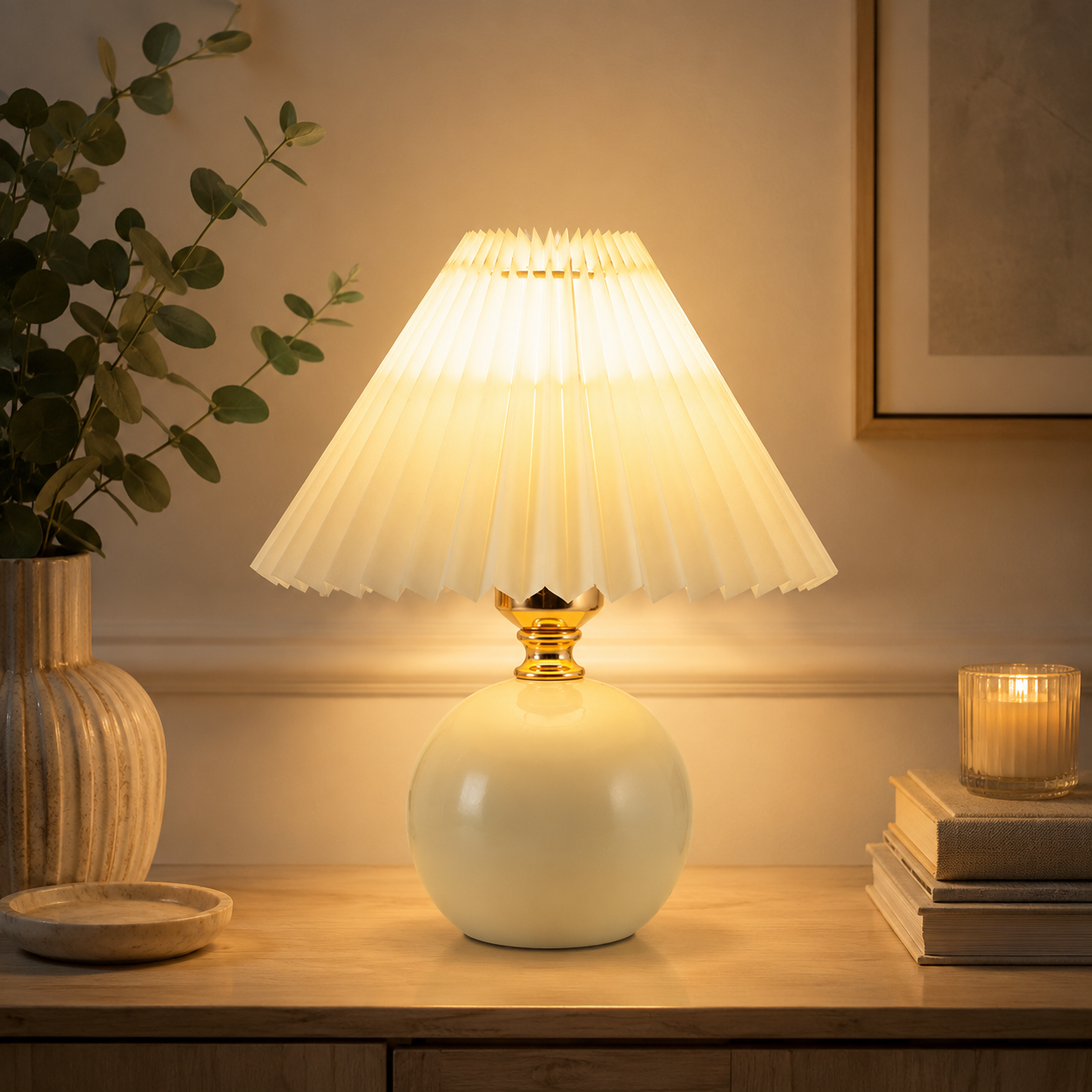Orsélia | Lampe de Table Vintage – Abat-jour Plissé et Ambiance Élégante Beige Blanc cassé