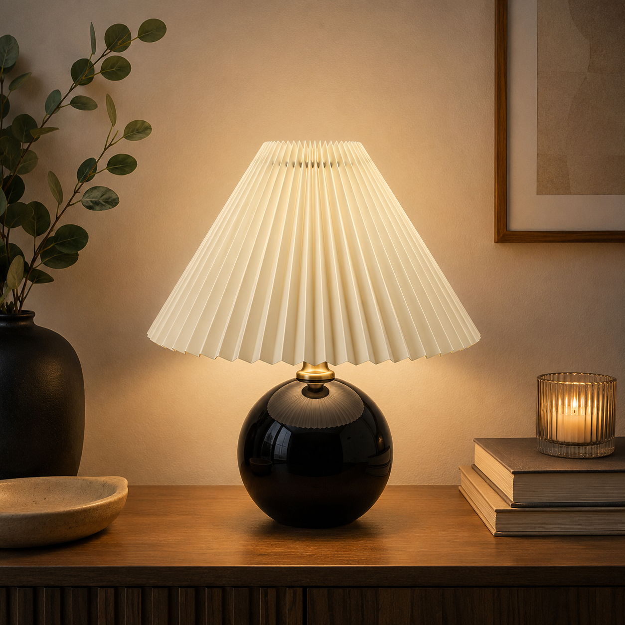 Orsélia | Lampe de Table Vintage – Abat-jour Plissé et Ambiance Élégante Noir Blanc cassé