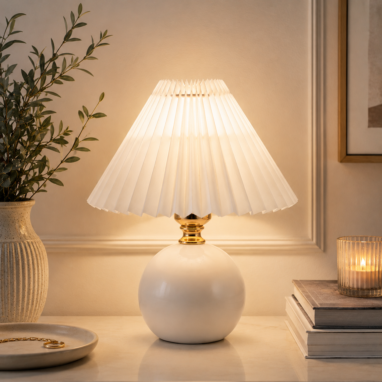 Orsélia | Lampe de Table Vintage – Abat-jour Plissé et Ambiance Élégante Blanc Blanc
