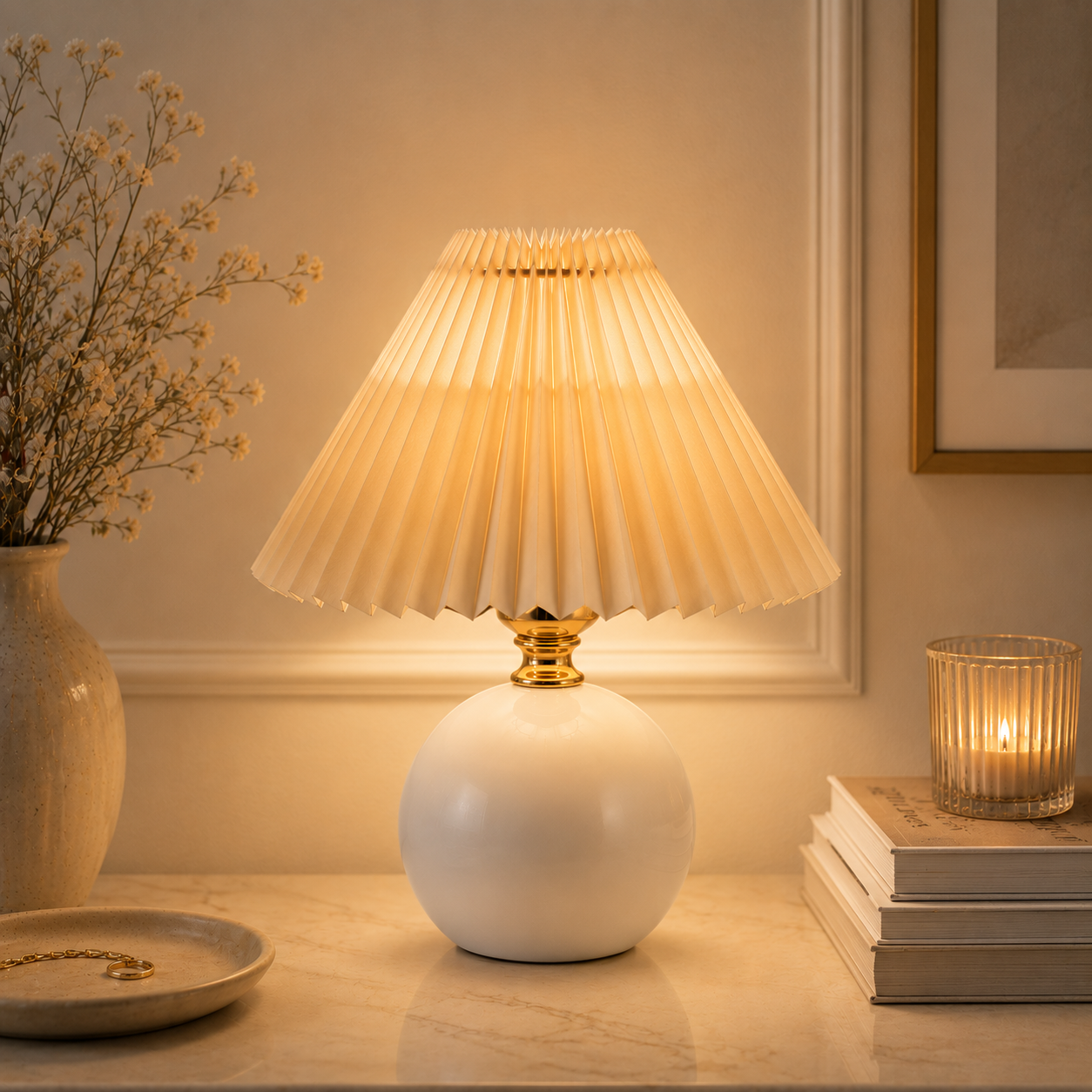 Orsélia | Lampe de Table Vintage – Abat-jour Plissé et Ambiance Élégante Blanc Beige