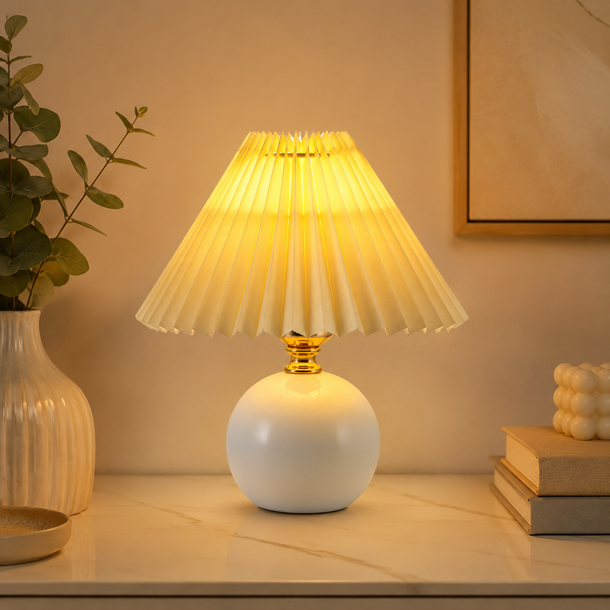 Orsélia | Lampe de Table Vintage – Abat-jour Plissé et Ambiance Élégante Blanc Blanc cassé