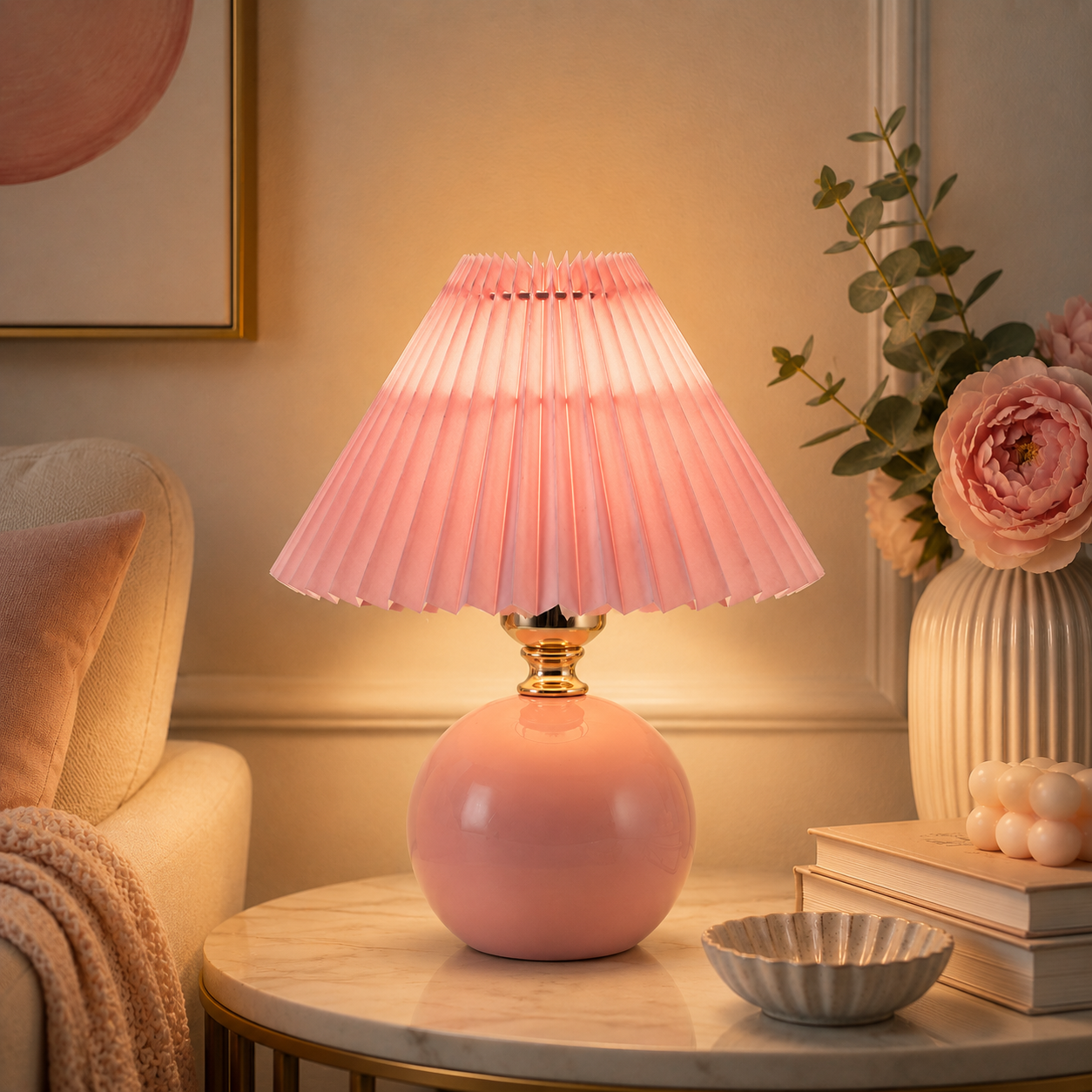 Orsélia | Lampe de Table Vintage – Abat-jour Plissé et Ambiance Élégante Rose Rose