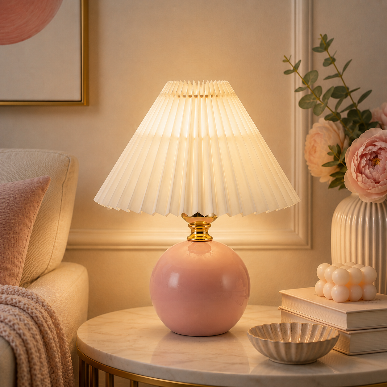 Orsélia | Lampe de Table Vintage – Abat-jour Plissé et Ambiance Élégante Rose Blanc