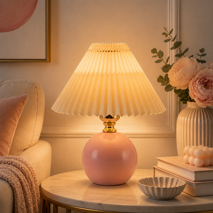 Orsélia | Lampe de Table Vintage – Abat-jour Plissé et Ambiance Élégante Rose Beige