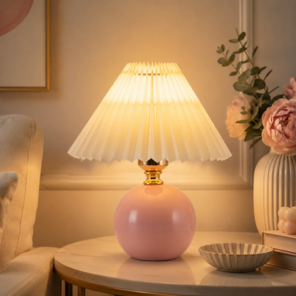 Orsélia | Lampe de Table Vintage – Abat-jour Plissé et Ambiance Élégante Rose Blanc cassé