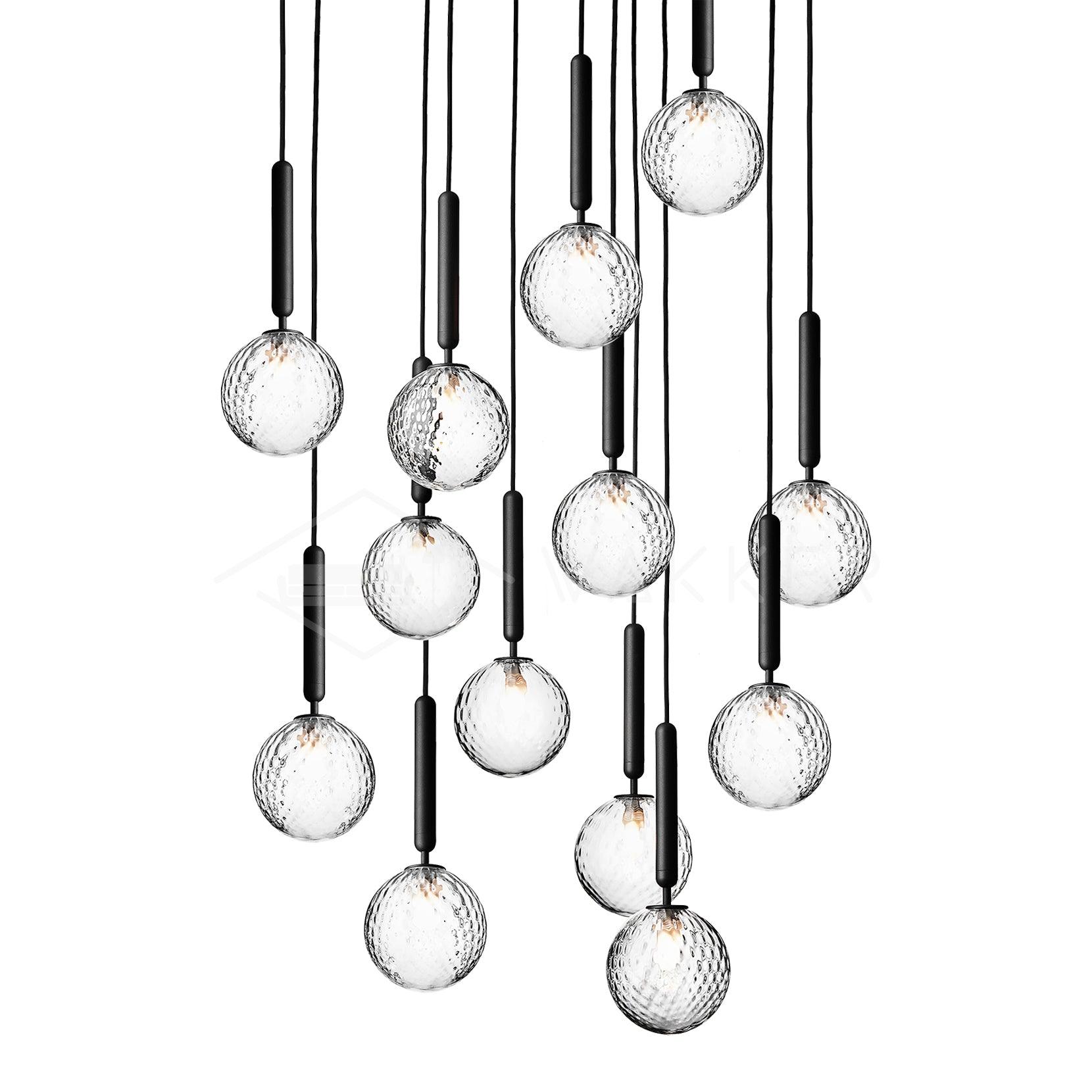 Aurélis | Suspension Verre Soufflé – Élégance Lumineuse Unique 13 têtes ∅ 23.6″ x H 78.7″ Dia 60cm x H 200cm Noir Transparent