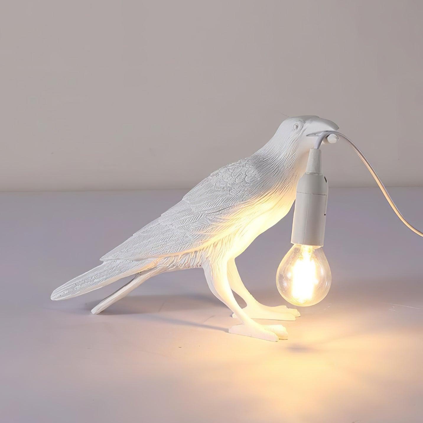 Corvélis | Lampe de Table – Corbeau sculpté résine style moderne Blanc L 30.5cm x H 18cm