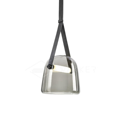 Noctéa | Lampe Suspendue – Verre soufflé LED design contemporain Gris fumé et cuir noir