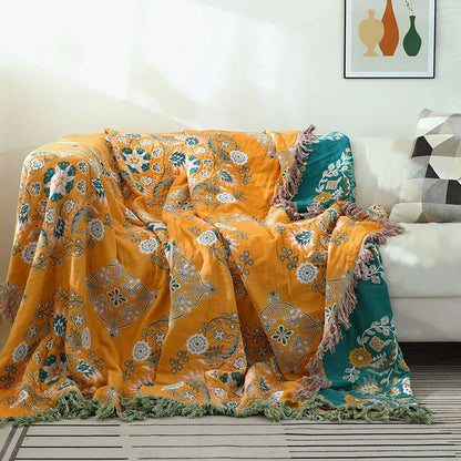 Solanya | Plaid Élégant – Tissage Jacquard Boho et Confort Polyvalent Jaune